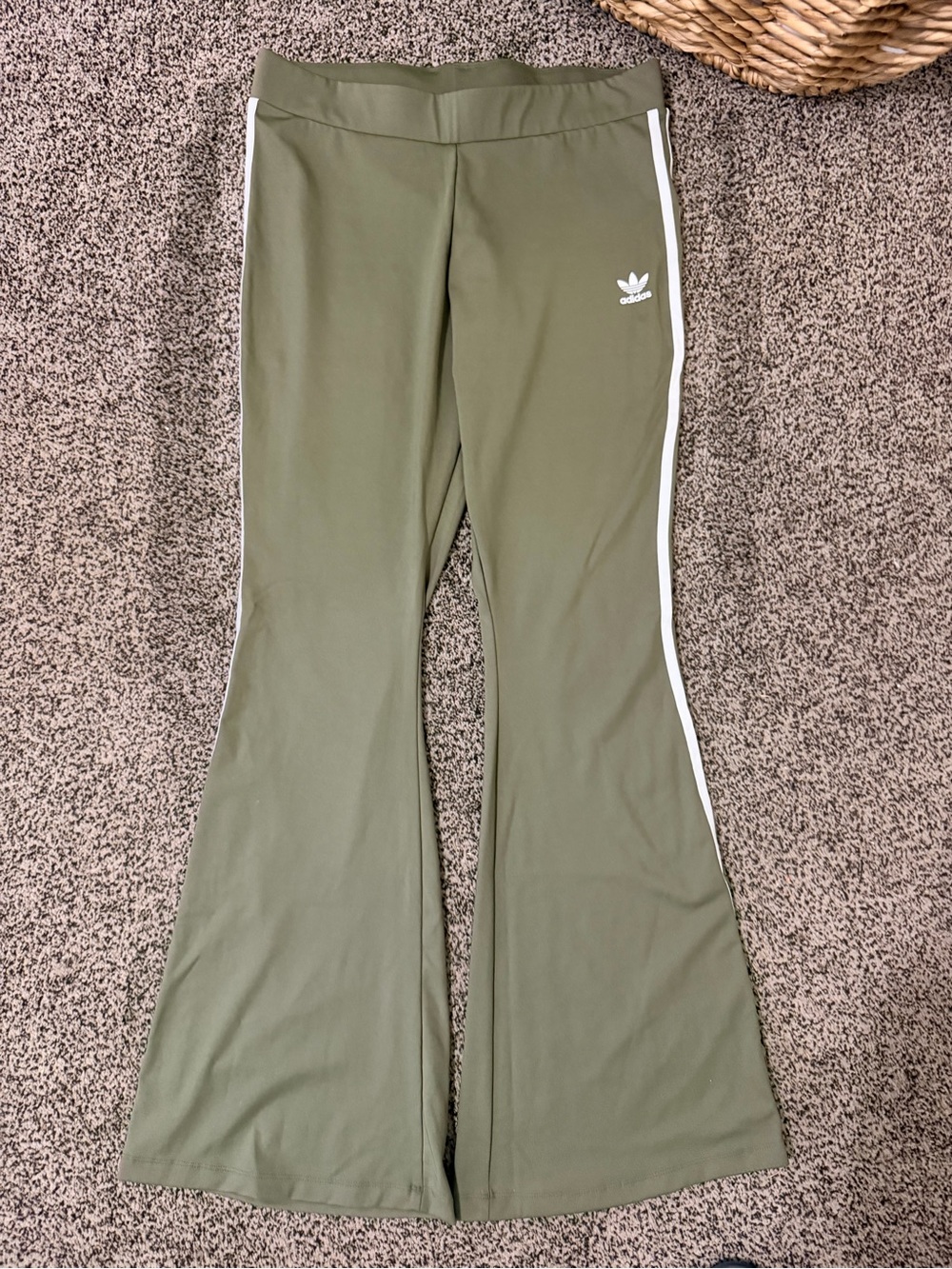 adidas Olive Green Flared Leggings with White Side Stripes